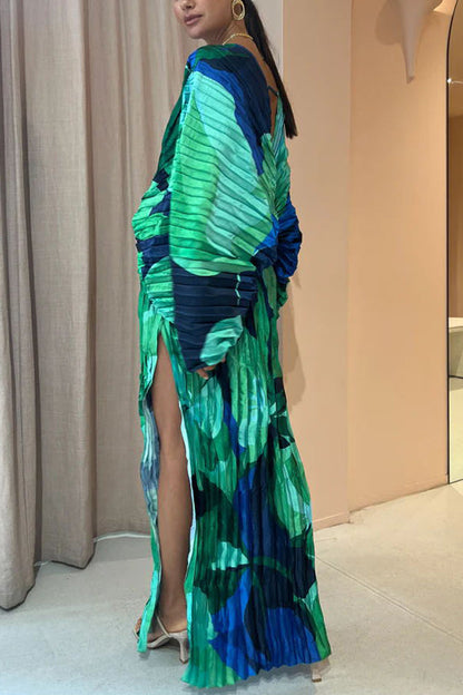 Abstract Floral Print Pleated Deep V-Neck Balloon Sleeve High Split Maxi Dress