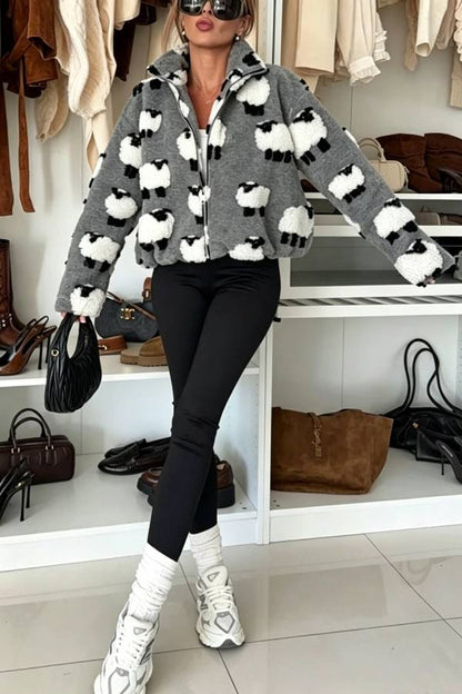 Playful Lamb Pattern Teddy Bear Fleece Material Contrast Color Long Sleeve Pocket Zipper Coat