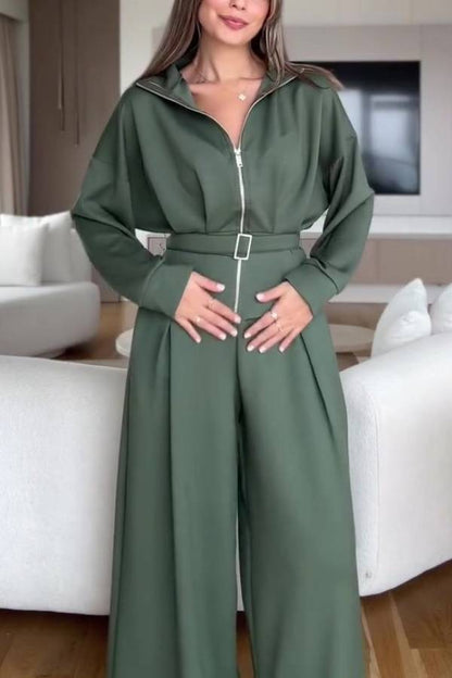 Stand Collar Zip Waist Cinched Wide Leg Pants Matching Set Elegant Two Piece Co-Ord