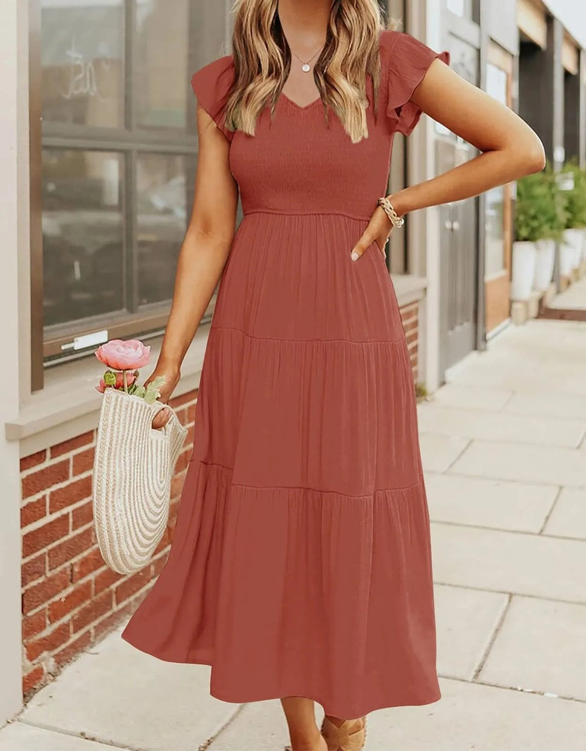 Smocked Bodice Flutter Sleeve Tiered A-Line Midi Dress