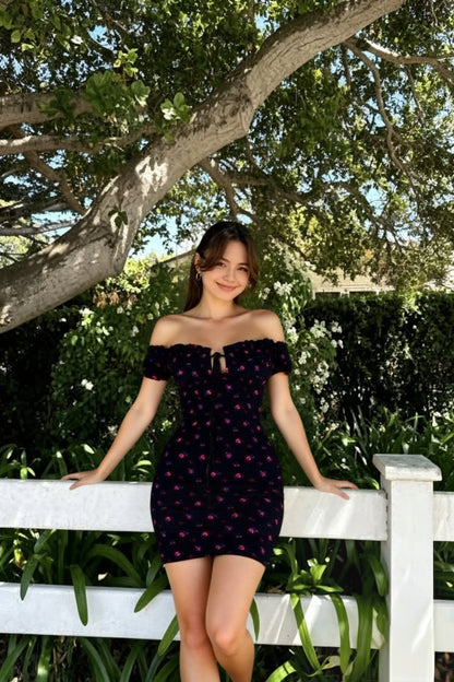 Floral Wrap Off Shoulder Tie Up Front Ruffle Slash Neck Dress