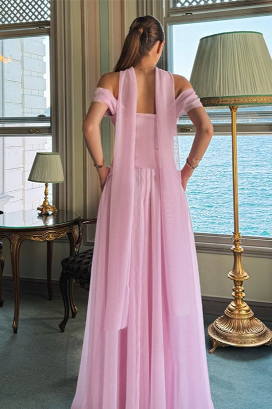 Satin Mesh Off Shoulder Prom Dress