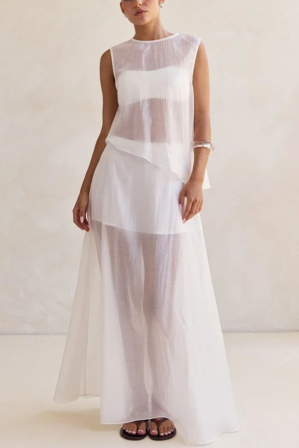 Lena Semi-sheer Irregular Hem Top and High Rise Side Zipper A-line Maxi Skirt Set