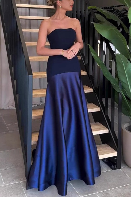 Strapless Satin Sleeveless Paneled Solid Formal Dress