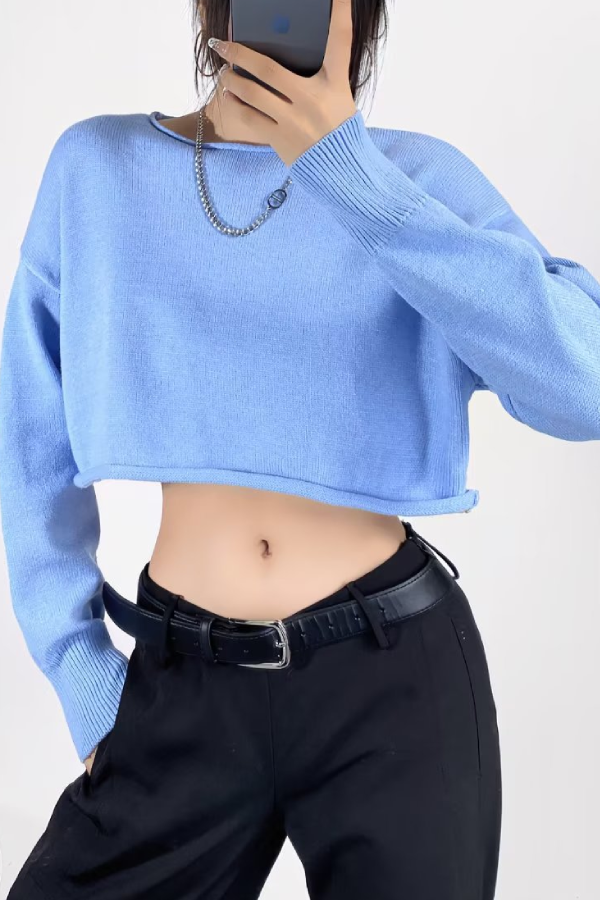 Round Neck Solid Color Loose Casual Long Sleeve Super Short Knitted Sweater