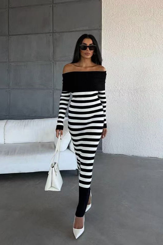 Striped Off Shoulder Sweater Dress