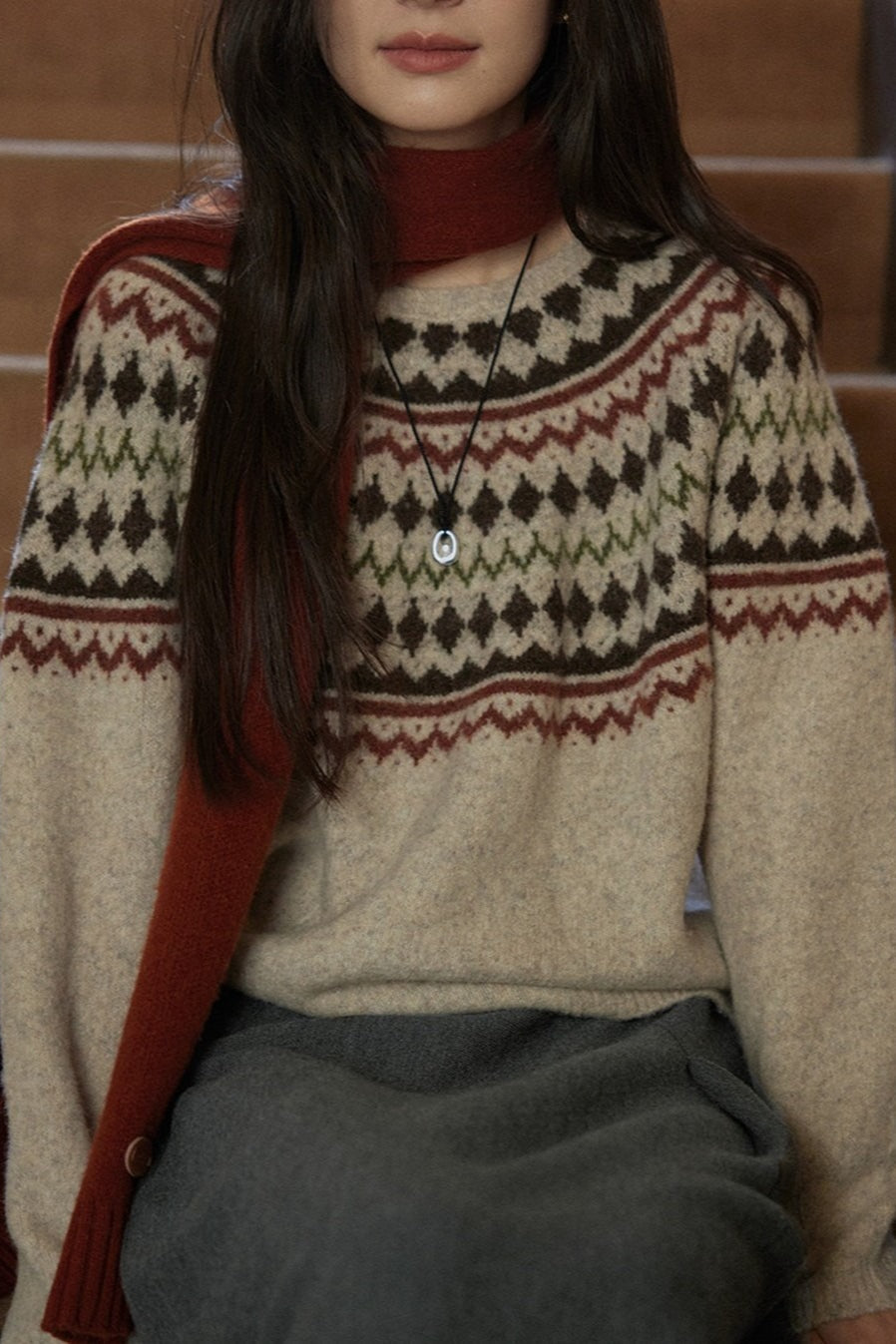 Fair Isle Wool Crewneck Knit Top
