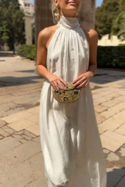 Halter Neck Pleated Loose-fitting Vacation Maxi Dress