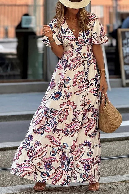 Unique Print V-Neck Waist Holiday Maxi Dress