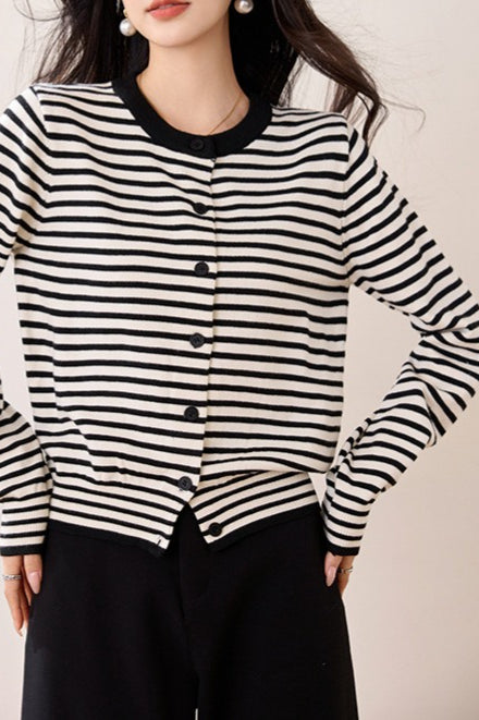 Black White Stripe Knit Cardigan