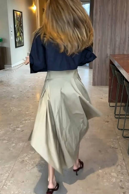 Deconstructivist Tailoring High Rise Asymmetrical Button and Unique Collar Waist A-line Midi Skirt