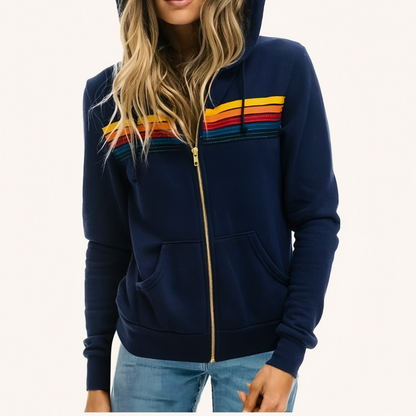 Fleece Lined Colorful Striped Zip Loose Unisex Hoodie