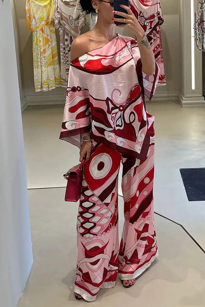 Luxe Resort Satin Unique Print Cape-style Top and Elastic Waist Pocket Wide Leg Pants Set