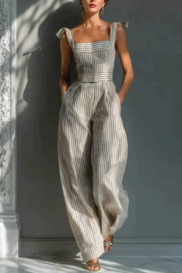 French Striped Square-Neck Bow Wide-Leg Jumpsuit
