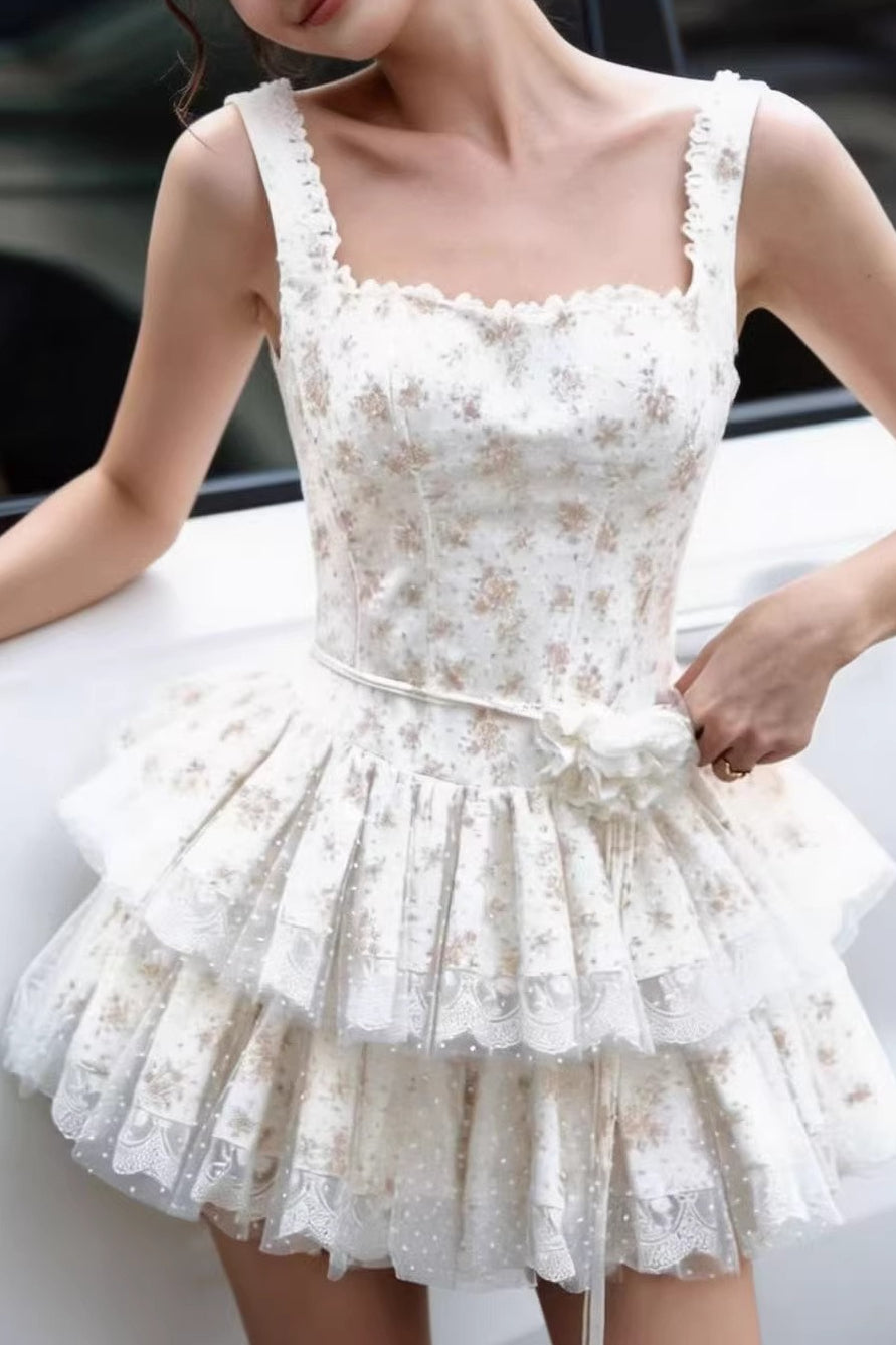 Square Neck Lace Layered Mini Floral Dress
