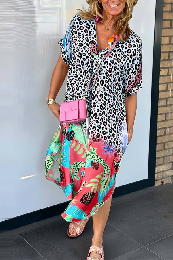 Gradient Leopard Print Tropical Floral Loose Dress