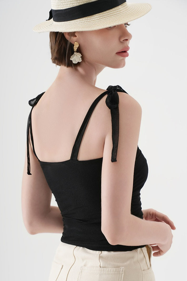 Polka Dot Halter Cropped Ruched Tie Front Tank Top