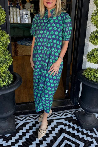 Collared Puff Sleeve Printed Shirt Dress