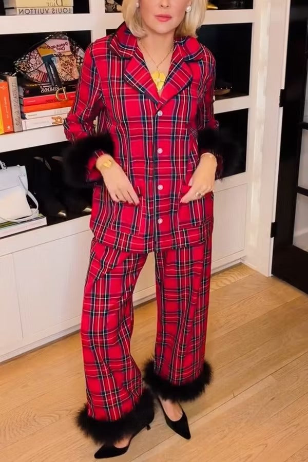 Holiday Time Plaid Contrast Feather Sleeve Pocket Shirt and Elastic Waist Pajama Set