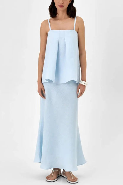 Linen Blend Loose Square Neck Camisole Top and Elegant Resort Maxi Skirt Set
