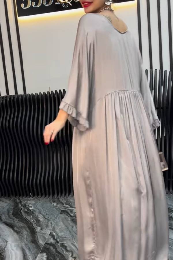 Satin V Neck Ruffle Lantern Sleeve Ruched Flowy Maxi Dress
