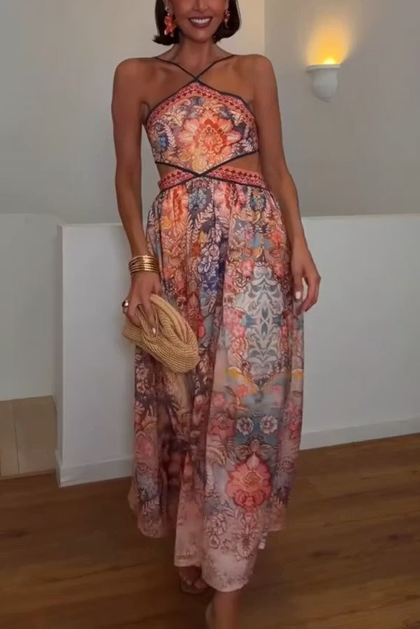 Casie Colorful Floral Print Dress Cutout Waist Back Lace-up Halter Maxi Dress