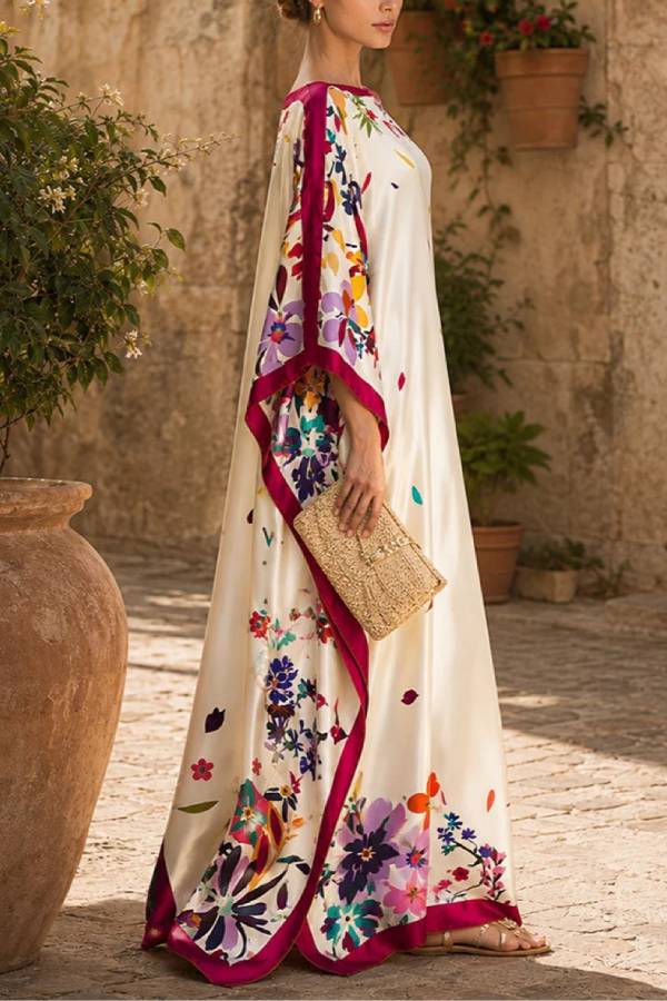 Elegant Printed Satin Loose Maxi Robe