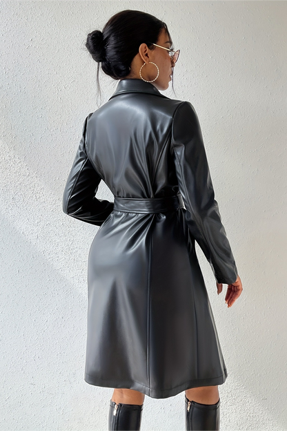 PU Slim Fit Lapel Long Sleeve Overcoat