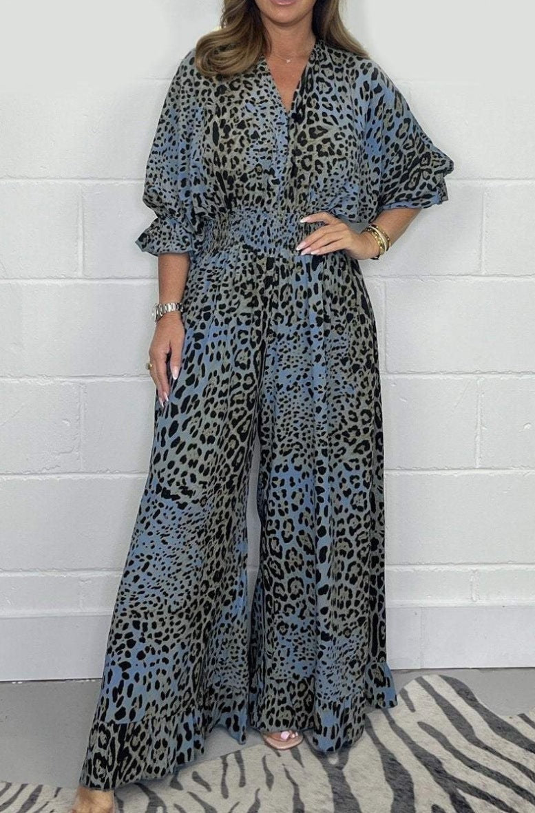 Multi-Color Leopard Print V-Neck Waisted Wide-Leg Jumpsuit