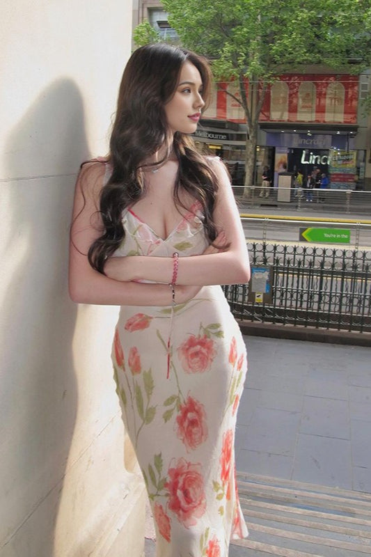 V-Neck Printed Backless Slip Dress