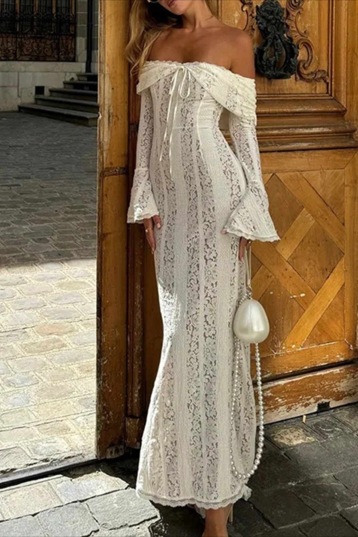 Off Shoulder Lace High Waist Prom Dress