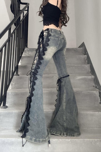 Vintage Plus Size Lace Up Split Hem Micro Flare Jeans