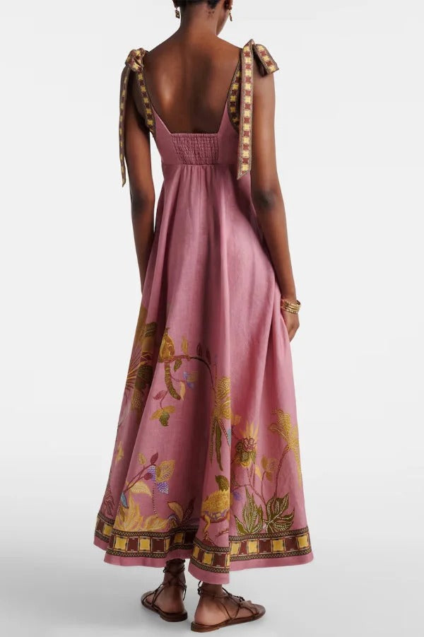 Linen Blend Unique Printed Tie-up Suspenders Pocket Elegant Vacation Maxi Dress