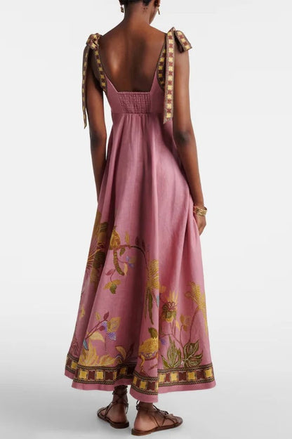 Linen Blend Unique Printed Tie-up Suspenders Pocket Elegant Vacation Maxi Dress
