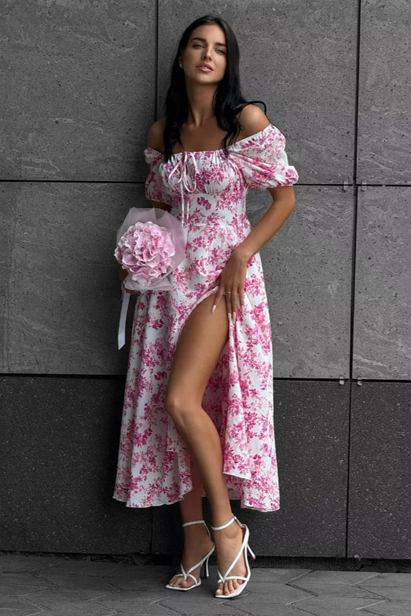 Off Shoulder Tie Waist Slit Floral Dress