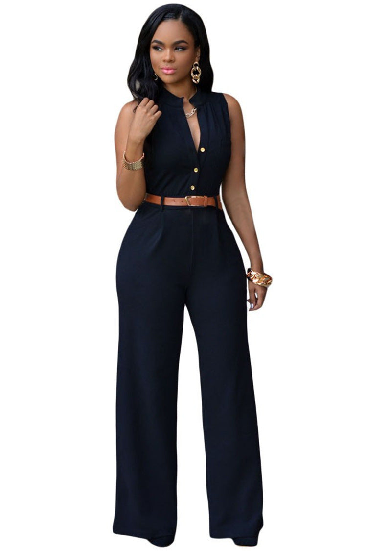 Women Clothing Single Breasted High Waist with Belt Wide Leg Pants Jumpsuit