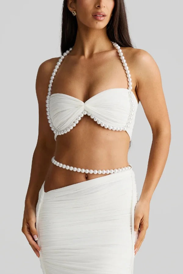 Imalia Stretch Mesh Pearl Trim Gathered Tank and Detachable Belt Vacation Maxi Skirt Set