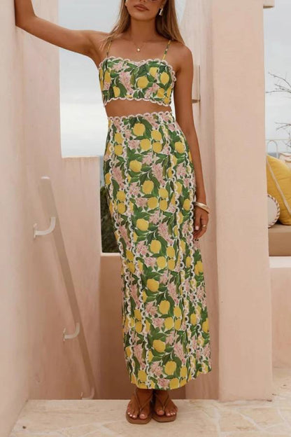 Lemon Print Lace-Trim Strap Backless Two-Piece Maxi Dress