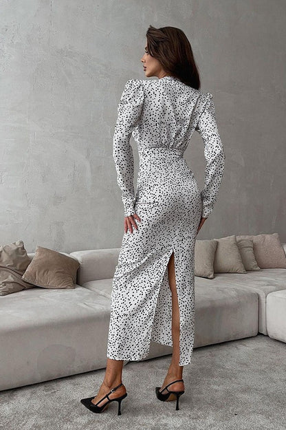 Polka Dot Puff Sleeve V-Neck Rosette Applique Ruched Maxi Dress