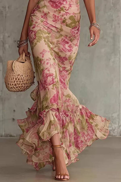 Mock Neck Puff Sleeve Watercolor Floral Ruched Mermaid Ruffle Maxi Dress