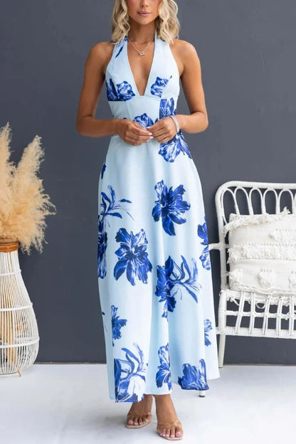 Floral Print V-neck Backless Tie-up Fitted Waist Elegant Maxi Dress