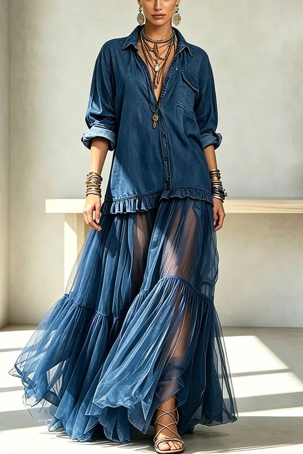 Retro-style Faux Denim Long Sleeve Pocket Tulle Hem Shirt Maxi Dress