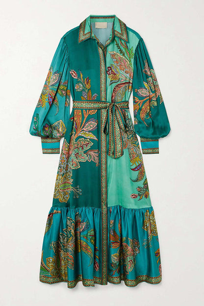 Paisley Print Lantern Sleeve Lace Up Belted Ruffle Hem Midi Shirt Dress