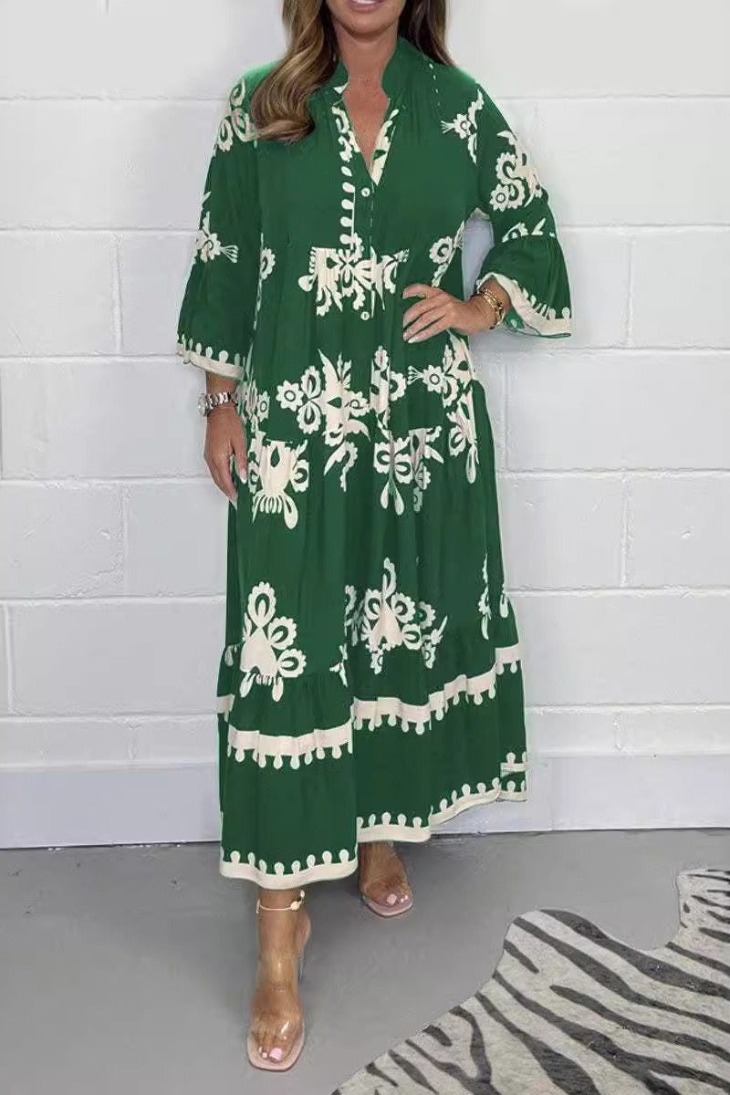 Floral Print Band Collar Waist Cinching Elegant Boho Dress