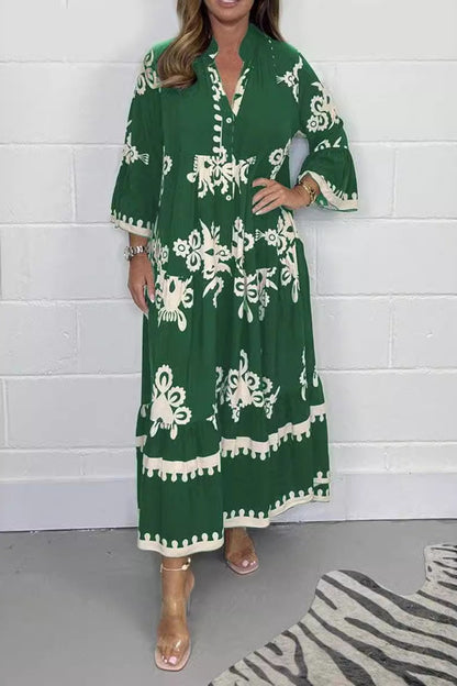 Floral Print Band Collar Waist Cinching Elegant Boho Dress