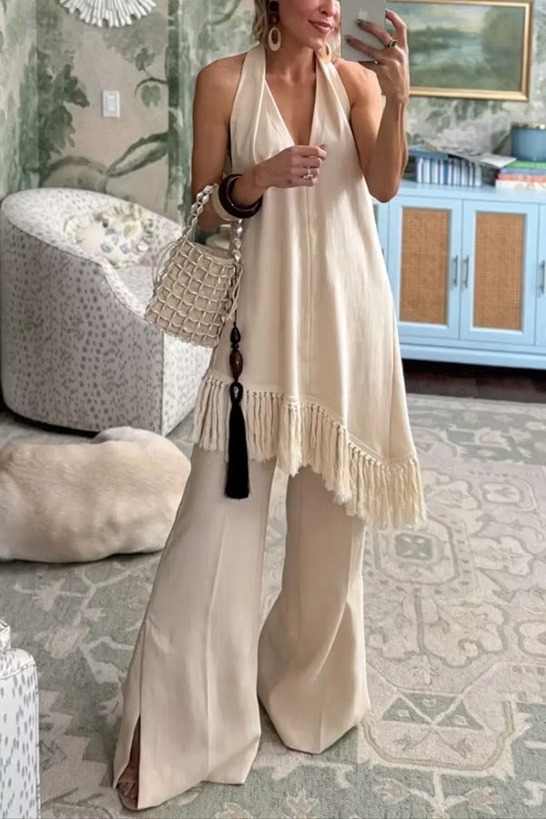 Kortnie Linen Blend Tassel Hem Halter A-line Top and High Rise Pocket Wide Leg Slit Pants Set