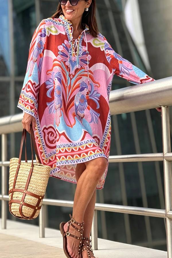 Lucia Linen Blend Vacation-style Print Tie-up Neck Long Sleeve Pocket Loose Mini Dress