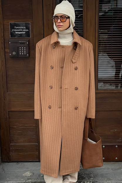 Vintage Pinstripe Notch Collar Long Wool Overcoat