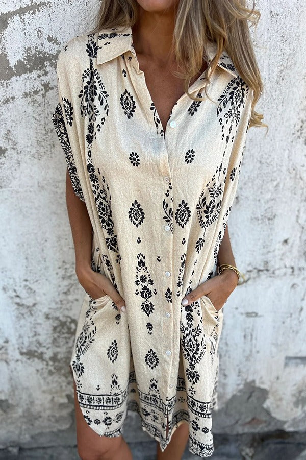 Linen Blend Unique Print Lapel Casual Pocket Mini Dress
