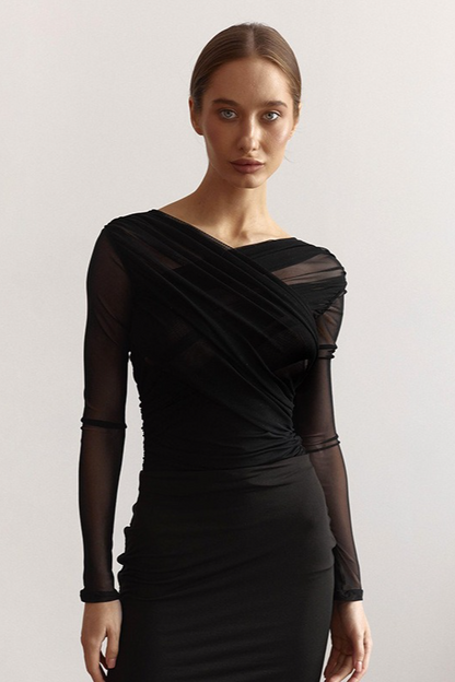 Solid Mesh Ruched Long Sleeve Crop Top
